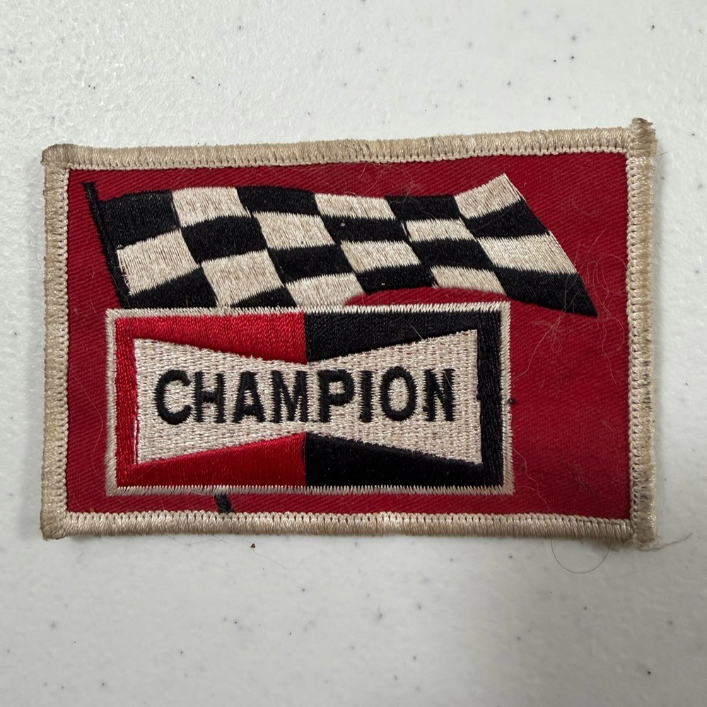 VINTAGE Champion Spark Plug Racing Patch - Checkered Flag Hot Rod